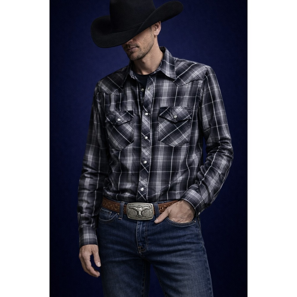 High Noon Pearl Snap Western Shirt Men's S Black Gray Plaid‎ Rodeo Cowboy
